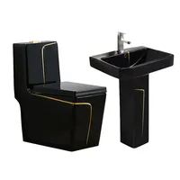 Ensemble WC Sanitaire Moderne en Céramique Colorée, Noir avec Ligne Dorée, WC Monobloc à Double Chasse, Fixation au Sol, Drainage en S pour Salle de Bain