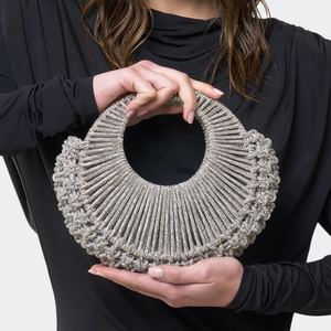 Bolsa de Mão de Luxo com Design Vazado de Strass e Tecido Artesanal para Mulheres, Bolsa de Mão Circular com Cristal - Product Image 5