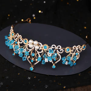 Nouvelle Couronne de Princesse Fleur <span class=keywords><strong>Perle</strong></span> Cristal Bleu Diadème de Mariée Tiare Bijou de Tête Accessoire Cheveux <span class=keywords><strong>Mariage</strong></span> - Product Image 6