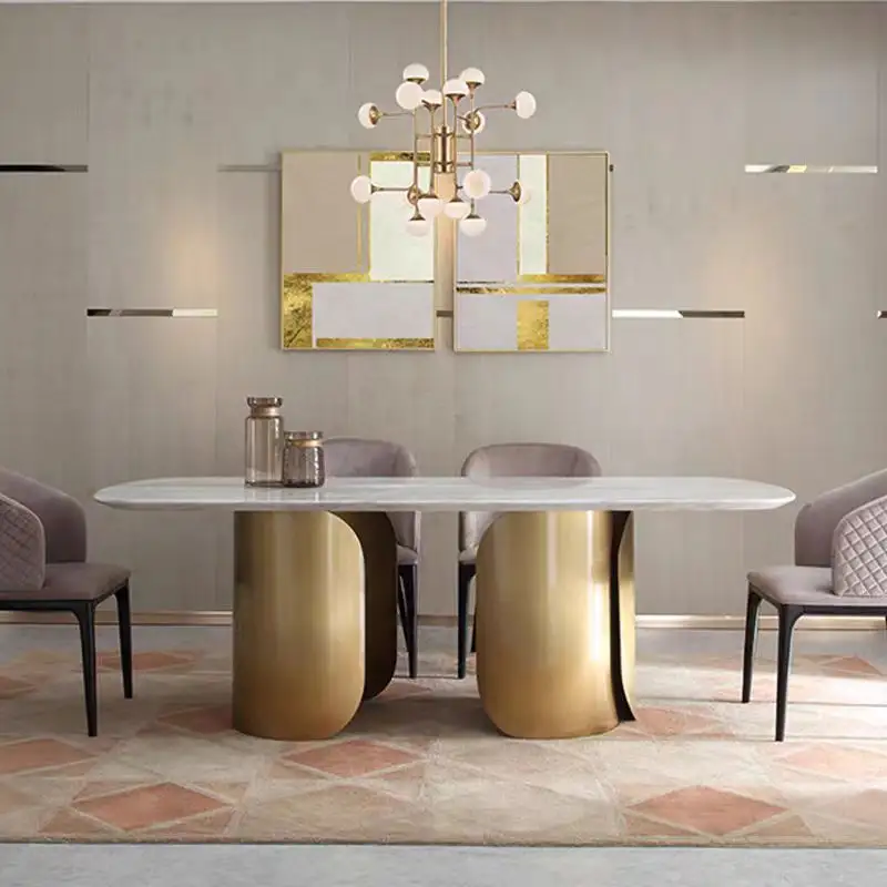 italian Luxury Elegant Home Restaurant Furniture stainless steel leg 8 10 12 seater Rectangle white oval Marble Dining Table Set