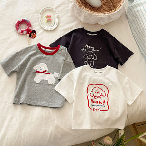 Cute Puppy Print Summer Short Sleeve Casual Baby T-Shirt For Boys And Girls Off White Gray Black Cotton Kids Top - Product Image 1