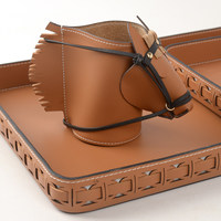 Boîte de rangement Zenos de luxe en cuir éco-responsable résistante à l'eau, motif tête de cheval, fermeture ouverte, poignée souple, décoration de bureau, porte-stylo