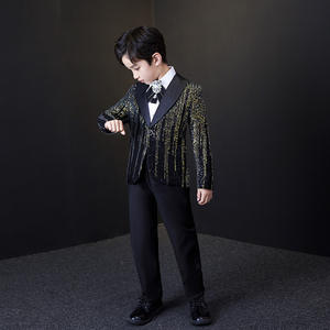 In Stock elegante Set da smoking da ragazzo scintillante abito formale nero con paillettes dorate vestito da servizio fotografico 3 pezzi - Product Image 3