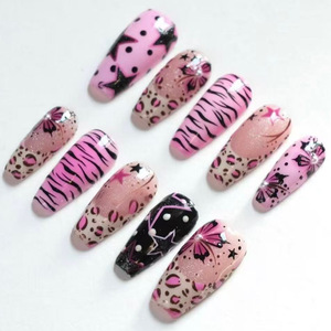 30 Uñas Postizas Acrílicas Cuadradas Medianas, Decoradas con Perlas 3D, Diseño Y2K de Estrella de Cinco Puntas, Rayas de Zebra y Flores, Acabado Brillante - Product Image 6