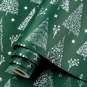 Christmas Wrapping Paper Roll 17in x 27ft Green Foil Tree Star Design Holiday Gift <b>Wrap</b> Recyclable Single Side Craft Use - Product Image 1