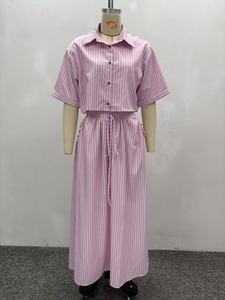 Groothandel Zomer 2025 Nieuwe Mode Casual Reverkraag Gestreepte Korte Mouwen Cardigan Shirt Smalle Rok Damespak - Product Image 5