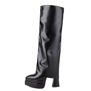 Wide Leg Fit Overlay <b>Shoes</b> Women High Block Heels Knee High Platform Boots Folded Over Pointed Toe Side Zipper Long Booties - Product Image 6