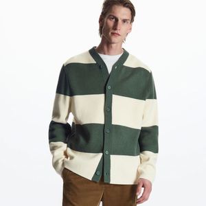 Suéter Cárdigan de Hombre con Cuello en V, Manga Larga, Color Menta y Blanco a Rayas, Estilo Color Block, para Otoño - Product Image 1
