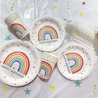 Nouvelles assiettes et gobelets/fourchettes jetables arc-en-ciel pour anniversaire avec nappe et décorations personnalisées en carton blanc laminé