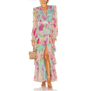 Sommerkleidung 2021 damen trendiges Vestido Longo sexy V-Ausschnitt bedruckt chiffon geteiltes rüschenlanges Kleid
