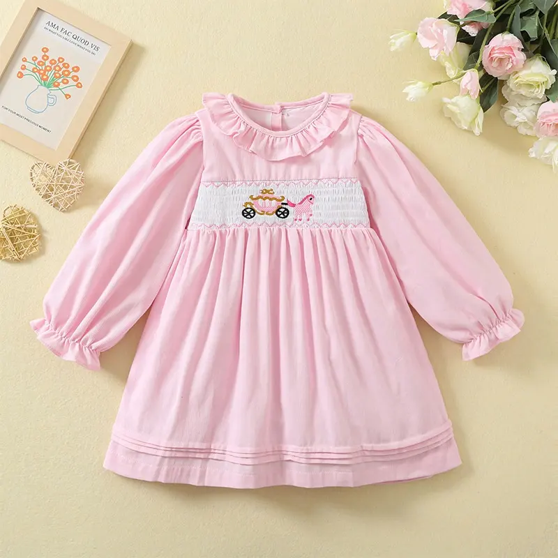 Новое платье для девочек оптом милые хлопковые с кружевным воротником и мультяшным принтом пасхальные розовые милые длинные платья для 1-9 лет