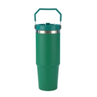 Bouteille d'eau isotherme en acier inoxydable noir mat de 30 oz avec poignée et paille rabattable, vierge pour sublimation