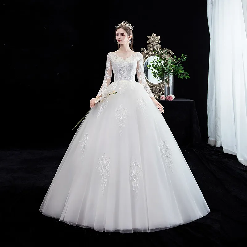 2019 Autumn New arrival Unique Lace Ivory Long Sleeve Plus size Floor Length Bridal Gown Wedding Dress