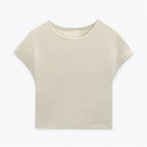 Neutral Cream Short Sleeve T-shirt for Women Soft Cotton Basic Essential Top