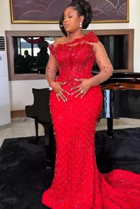 Robe de bal sirène rouge Aso Ebi, ornée de cristaux, de perles et de paillettes, pour soirée, seconde réception, anniversaire, fiançailles - Product Image 3