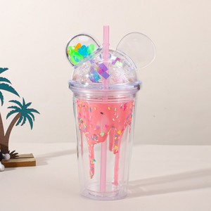 450ml Cute Dripping Ice Cream Mickey Ear Themed Double Wall <b>Plastic</b> Tumbler with Straw Multicolor Confetti Dome Lid - Product Image 2