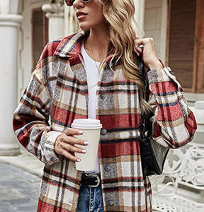 Femmes à <span class=keywords><strong>carreaux</strong></span> col rabattu <span class=keywords><strong>surchemise</strong></span> manches longues flanelle veste à <span class=keywords><strong>carreaux</strong></span> décontracté automne laine mélange bouton chemise <span class=keywords><strong>manteau</strong></span> - Product Image 2
