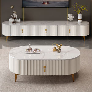 طاولة تلفزيون وطاولة شاي من الخشب الصلب بتصميم عصري بسيط لغرفة المعيشة، خزانة أرضية منزلية لشقق صغيرة بنمط فاخر كريمي - Product Image 3