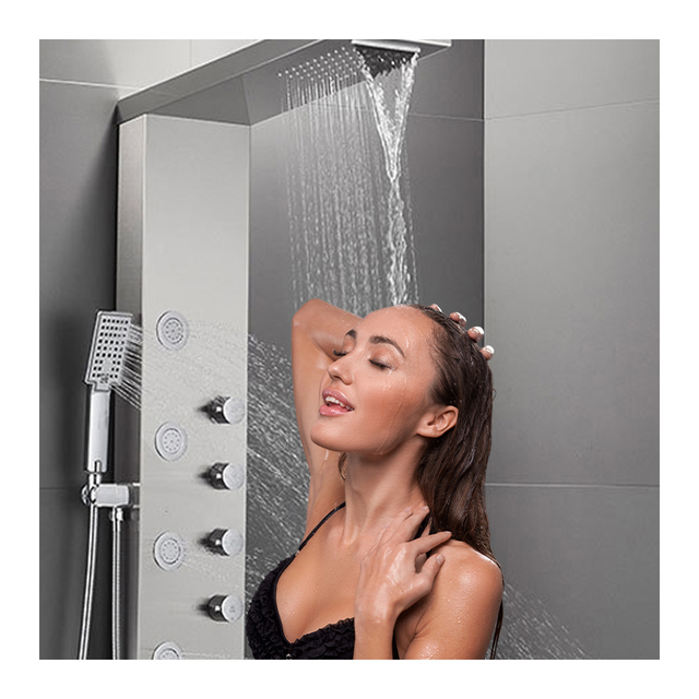 Shower Column Bathroom LED Rainfall Waterfall 6-Function Stainless Steel Wall Mounted Black Shower Column