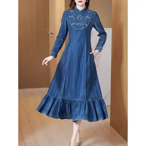 2023 New Women Long Mid-Calf Full Sleeve Denim Spring Dresses M-2XL Chinese Style Embroidery Cheongsam Women Dresses