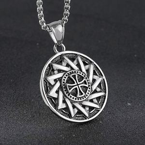 Collier pendentif personnalisé en acier inoxydable de forme ronde avec gravure vintage, talisman amulette de Salomon pour hommes, pendentif croix - Product Image 2
