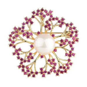 Fashion 2024 New Arrival Colorful Cubic Zirconia Stone Flower Brooch Pin Pearl Flower Shaped Gorgeous Bridal Wedding jewelry Gir