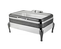 Plats de service de luxe de haute qualité 9L pour banquets de mariage, en acier inoxydable noir, chauffe-plats avec couvercle en verre hydraulique, alimentés à l'alcool