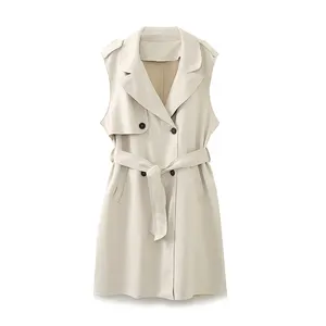 Notched collar sashes double breasted beige color casual fashion women's vests & waistcoats