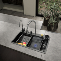 Évier de cuisine moderne en acier inoxydable Sus304 à cuve unique, robinet cascade multifonction, rinçage de verre, quatre fonctions intelligentes, nano