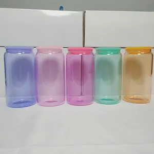 Gelas tumbler 16oz gelas gelas sublimasi anti pecah warna-warni gudang AS cangkir kaca Jelly kaleng bir 16oz dengan sedotan tutup plastik