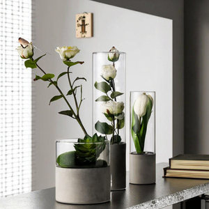 Design moderno fatto a mano cilindro vaso di vetro di cemento <span class=keywords><strong>con</strong></span> Base in <span class=keywords><strong>legno</strong></span> formato personalizzato per la festa di nozze decorazioni per la nuova arte Design - Product Image 3