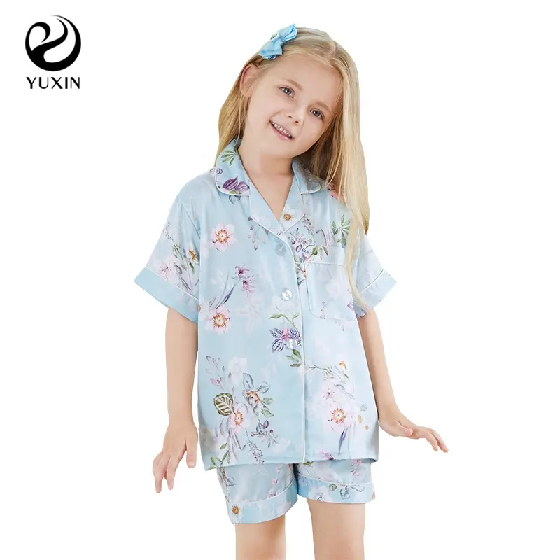 Kid Floral Satin Pajama Set Shorts Two Piece Set Floral Design Kid Sleepwear