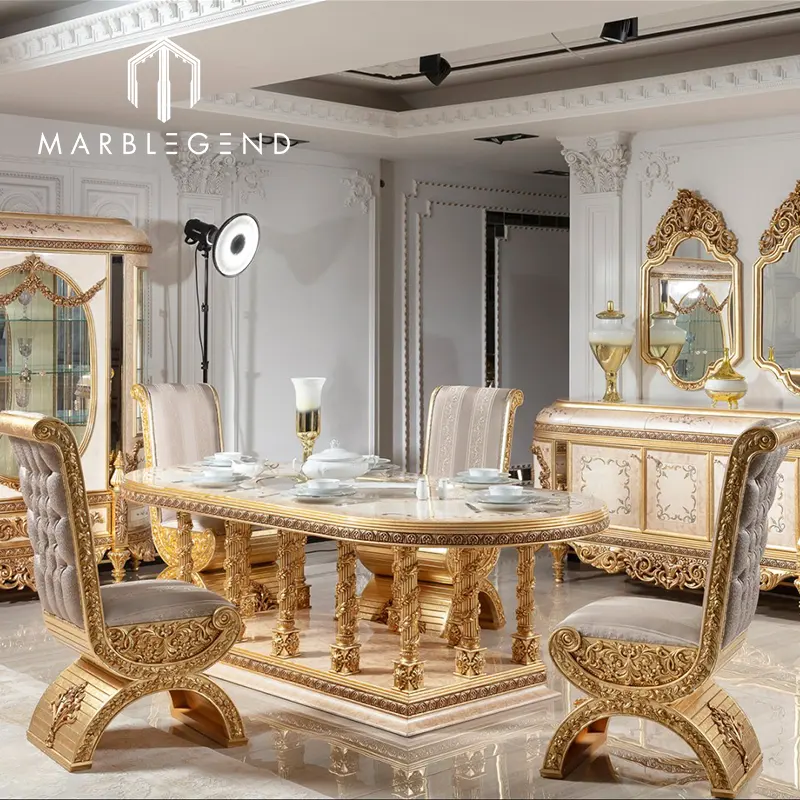 Ensemble de table à manger royal italien personnalisé, meuble en bois doré de luxe, table à manger nigériane royal 8 places