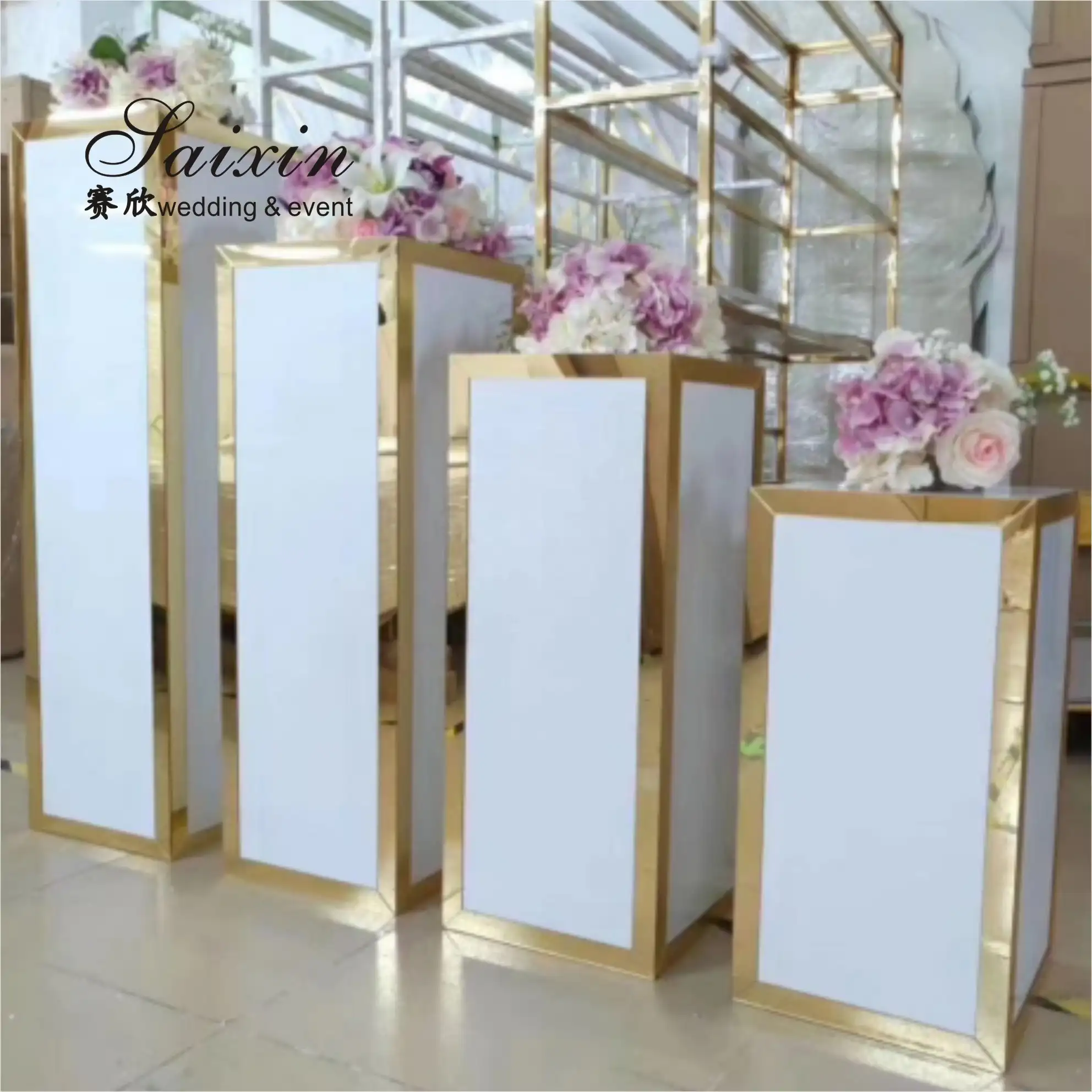 Оптовая продажа с фабрики, квадратные, золотые, белые, акриловые колонны-подставки для свадебного торжества