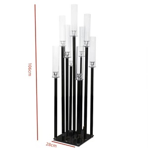 Pièce maîtresse de mariage moderne de haute qualité Candélabre de sol Table <span class=keywords><strong>Bougie</strong></span> en métal à 9 bras hauts noirs avec abat-jour en acrylique - Product Image 1