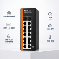 Commutateur Ethernet industriel géré Tincam Layer 2, 2 ports SFP Gigabit + 16 ports Fast Ethernet, console, VLAN, SNMP, STP, ERPS, PTP, rail DIN