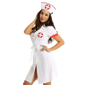hemşire kostümü doktor elbise Suppliers-Kadın seksi iç çamaşırı hemşire üniforması rol oynamak Cosplay kostümleri kısa kollu düğme aşağı süslü elbise ile kemer ve şapka