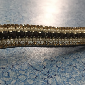 Bandeau de tête en cuir doré et violet à cinq rangées avec perles, élégant et de haute qualité, équipement équestre - Product Image 1