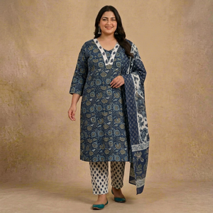 Women Plus Size <b>3</b> Piece <b>Set</b> Floral <b>Print</b> Organic Cotton Long Kurta Pant Dupatta Casual Regular Fit Three Quarter Sleeves L 10XL - Product Image 6