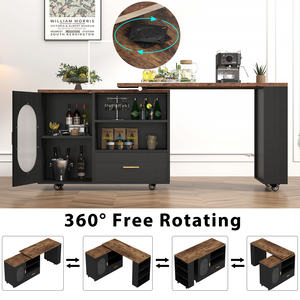 Îlot de cuisine extensible avec plan de travail en bois foncé, armoire frontale en verre noir, étagères de rangement et roulettes - Product Image 4