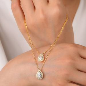 Gouden Volledige Set <span class=keywords><strong>Moissanite</strong></span> Waterdruppel Hanger Dubbele Laag Ketting Gelegenheidsgebruik Stapelbaar Draagbaar Ebay Hot Selling Explosies - Product Image 3