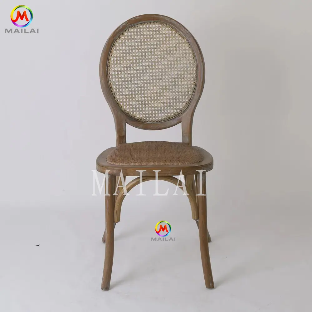 Vineyard Wood Cane Wicker Rattan Weave Round Back Dining Chair for Weddings Events Antique Chair