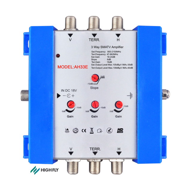 Highfly 3X3 3 Way Satellite Terrestrial SMATV Amplifier 47-800MHz/Terr. 950-2150MHz 2 SAT + 1 Terr. 105/108dBV 13.5V/17.8V