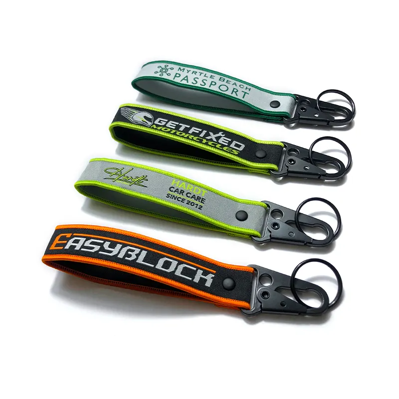 ปรับแต่งสายคาราบิเนอร์สั้น Lanyards พวงกุญแจผ้าพวงกุญแจคล้องข้อมือเย็บปักถักร้อยอุปกรณ์เสริมยี่ห้อรถยนต์แท็กทอพวงกุญแจ