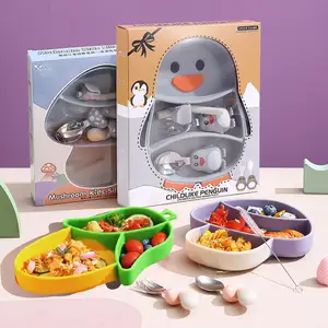 안전한 아기 실리콘 접시 세트 컵 턱받이 유아 먹이 만화 모양 어린이 식기 실리콘 아기 접시