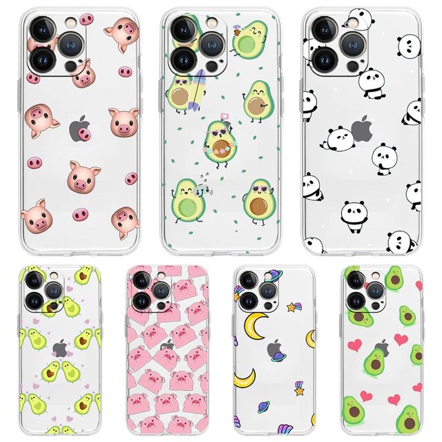Phone Case for iPhone 15 16 14 13 11 12 17 Pro Max X XR XS Plus SE Transparent Soft Cover Fundas Cartoon Cute Pig Panda Avocado