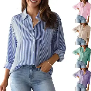 Canal décontracté poche avant coton Polyester à manches longues boutonné motif à rayures bureau travail chemises pour les femmes