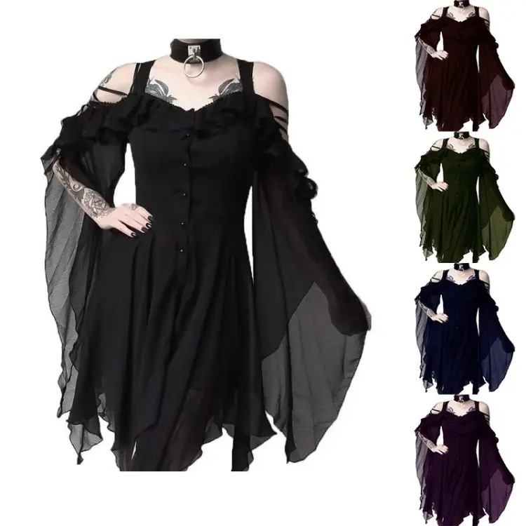 Robe noire gothique à épaules dénudées, garniture à volants, robes pour femmes, irrégulières, longues manches cloche, bretelles, vêtements de fête d'halloween, Style Punk