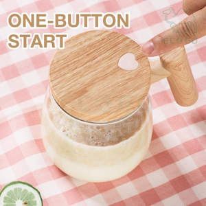 <b>Portable</b> Glass Heart Button Milk Juice Custom Electric Power Mixing Cup <b>Coffee</b> Mug with Wooden Handle - Product Image 4