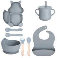 Ensemble de repas moderne 8-en-1 pour bébé : assiette, bol à ventouse en silicone, cuillère, fourchette, bavoir et tasse pour l'apprentissage de la diversification alimentaire